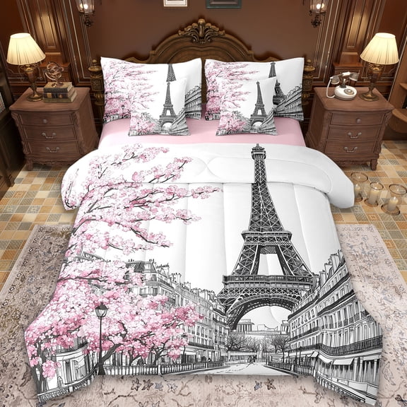 Manfei Valentine'S Day Theme Bedding Queen Size,Paris Eiffel Tower Comforter Sets with Sheets,Pink Cherry Blossom Bedding Sets Queen Size For Girls,Microfiber Bedroom Decor Reversible,7pcs