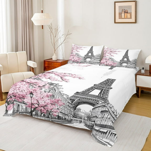 Manfei Valentine'S Day Theme King Sheet Sets,Paris Eiffel Tower Bedding King Size,Pink Cherry Blossom Bed Sheets Set King Size For Girls,Microfiber Bedroom Decor,4-Piece