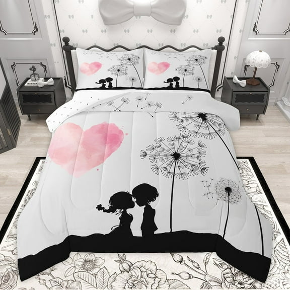 Manfei Valentine's Day 2pcs Bedding Comforter Set for Teens Female Men,Dandelion Love Heart Twin Comforter Sets,Romantic Lover Couple Breathable Bedding Set,Luxury Bedroom Decor,Reversible