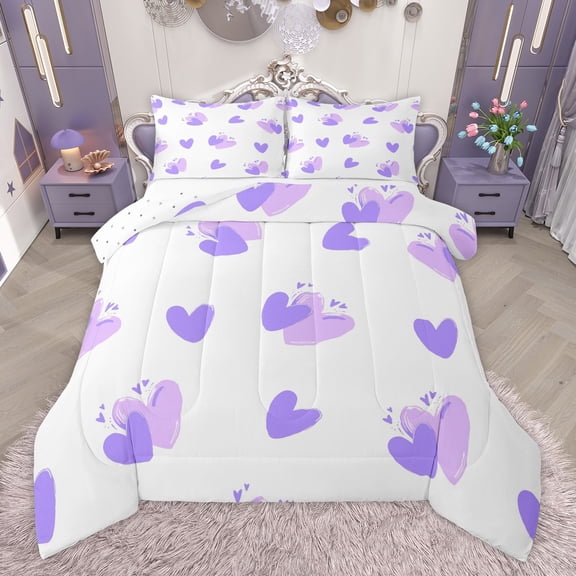 Manfei Valentine's Day 3 Pieces Queen Comforter Set for Teens Female Men,Purple Love Heart Ultra Soft Bedding Sets,Romantic Lover Couple Bedding Comforter Set,Luxury Bedroom Decor,Reversible
