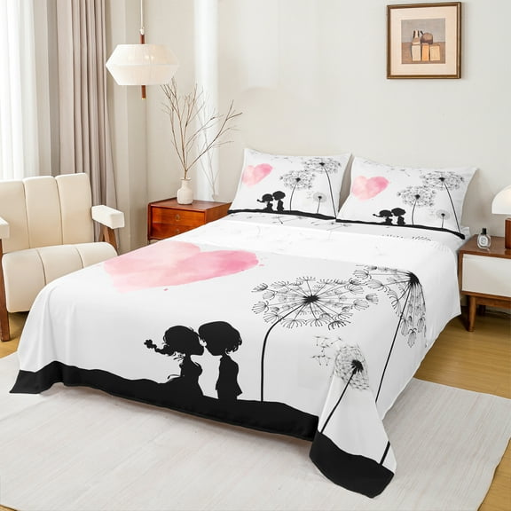 Manfei Valentine's Day 3pcs Twin Sheet Sets for Teens Female Men,Dandelion Love Heart Twin Fitted Sheet,Romantic Lover Couple Breathable Flat Sheet,Luxury Bedroom Decor