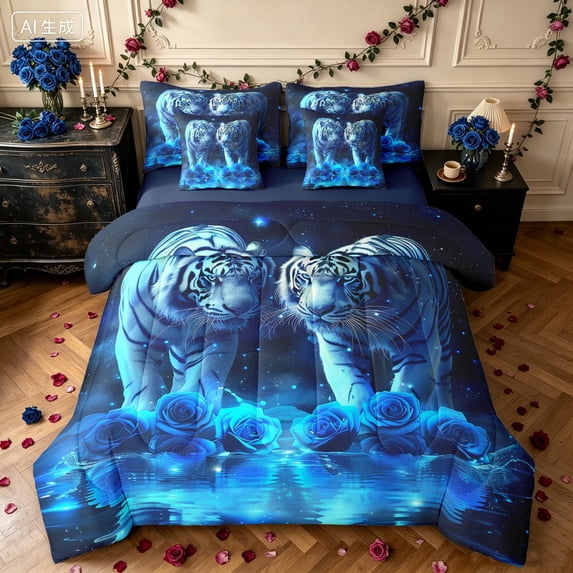 Manfei Valentine's Day Tiger Twin Bedding, Neon Stars Rose Bedding Comforter Set, Blue, Blue Reversible, 7pcs