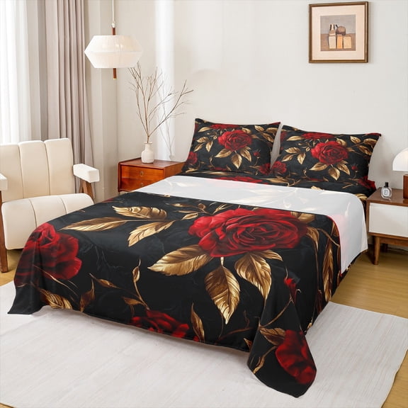 Manfei Valentines Rose Bed Sheets for Couple, Black Gold Red King Sheets, Romantic Anniversary Sheet Set, Microfiber Bedroom Decor, 4-Piece