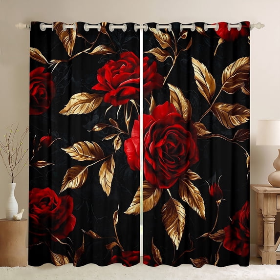 Manfei Valentines Rose Curtains Pack of 2 (42x84 Each) for Couple, Black Gold Red Curtains Blackout, Romantic Anniversary Bedroom Curtains, Curtains and Drapes Bedroom Decor