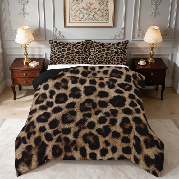 Manfei Vanilla Leopard Queen Comforter Set, Pale Beige Skin Comforter Sets Queen, Black Reversible 3pcs 1 Comforter and 2 Pillowcases