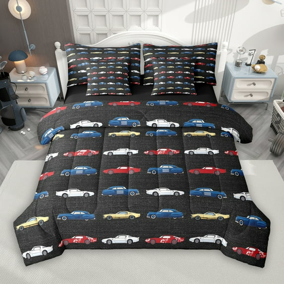 Manfei Vehicle Car 7 Pieces Bedding Comforter Set for Teens, Kawaii Truck Full Bedding Set, Black Cartoon Theme Reversible Fitted Sheet Flat Sheet, Lightweight Room Decor