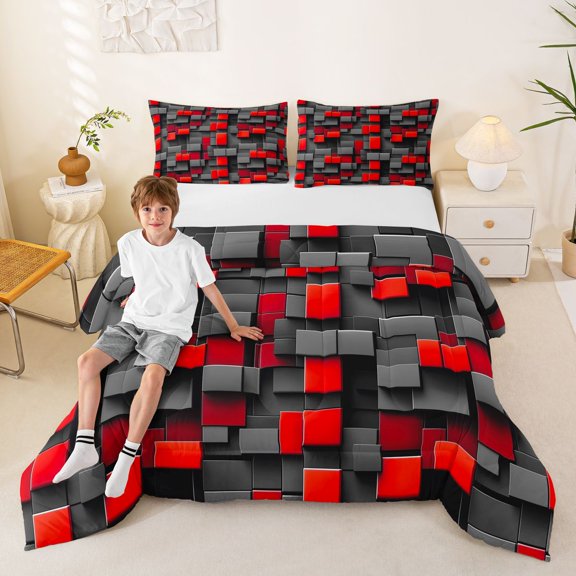 Manfei Vibrant 3D Block Full Size Comforter Sets, Geometric Bedding Comforter Set, Gray Red, Black Reversible 3 Pieces, 1 Comforter and 2 Pillowcases