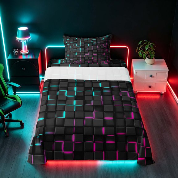 Manfei Vibrant 3D Neon Twin Sheets, Glowing Square Bedding, Black Teal Purple, Black Reversible 3-Piece1 Flat Sheet + 1 Fitted Sheet + 1 Pillowcase