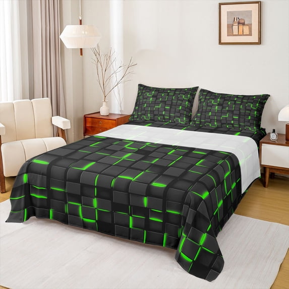 Manfei Vibrant 3D Square Bed Sheets, Neon Glow Fuul Size Sheets, Black Green, Black Reversible 4-Piece1 Flat Sheet + 1 Fitted Sheet + 2 Pillowcases