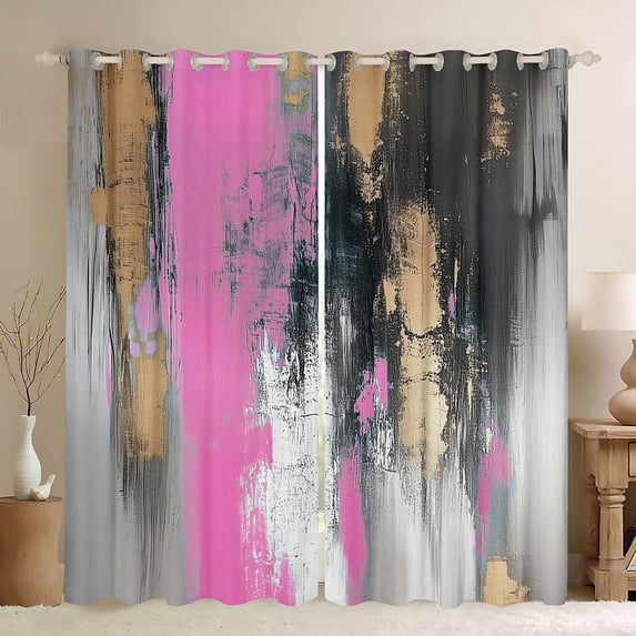Manfei Vibrant Abstract Brushstroke Blackout Curtains, Pink Black Gold Ombre Curtains Pack of 2 (42x84 Each)