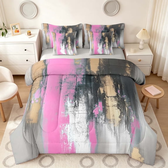 Manfei Vibrant Abstract Brushstroke Full Size Bedding Sets, Pink Black Gold Ombre Full Size Bed in a Bag, Gray Reversible 7pcs