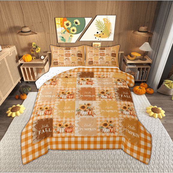 Manfei Vibrant Pumpkin Sunflower Bedding Comforter Set, Hello Fall Autumn Twin Comforter Sets, Orange Patchwork Plaid Reversible Bedding Set, Microfiber Bedroom Decor, 2-Piece