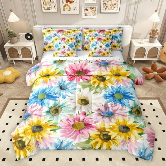 Homewish Vibrant Rustic Sunflower Bedding Comforter Set 7pcs, Farmhouse Floral King Bedding Sets, Vintage Oil Printing Reversible Bed Sheets, Super Cozy Room Decor