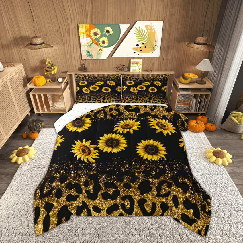 Manfei Vibrant Sunflower Bedding Twin Comforter Set, Leopard Cheetah Print Down Comforter, Sequin Print Reversible Duvet Insert, Ultra Soft Room Decorative, 2pcs