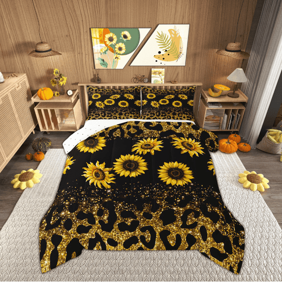 Manfei Vibrant Sunflower Bedding Twin Comforter Set, Leopard Cheetah Print Down Comforter, Sequin Print Reversible Duvet Insert, Ultra Soft Room Decorative, 2pcs