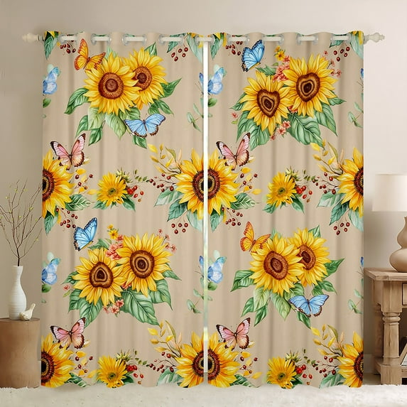 Manfei Vibrant Sunflower Black Out Curtains, Dreamy Cartoon Butterfly Curtains Pack of 2 (42x63 Each), Countryside Theme Bedroom Curtains, Curtains and Drapes Home Decor