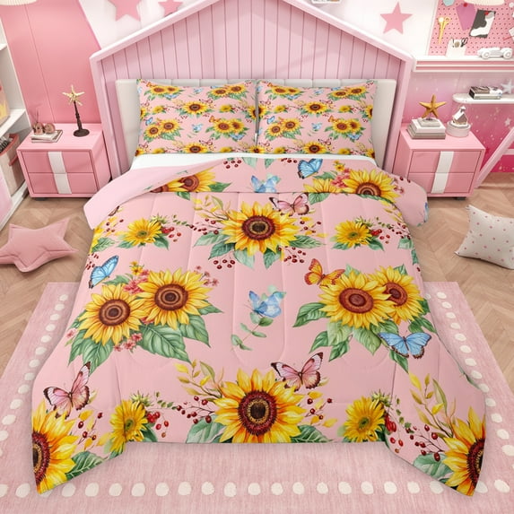 Manfei Vibrant Sunflower Child Queen Comforter Set, Rustic Plant Botanical Bedding Sets, Cartoon Butterfly Reversible Bedding Comforter Set, Luxury Bedroom Decor, 3-Piece