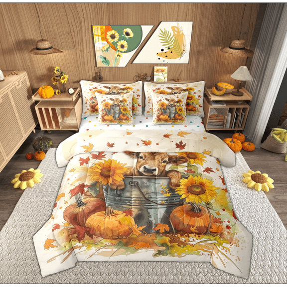 Manfei Vibrant Sunflower Twin Bedding Sets 7-Piece for Kid, Rustic Highland Cow Bedding Comforter Set, Fall Pumpkin Leaf Reversible Sheet Sets, Super Cozy Room Decor