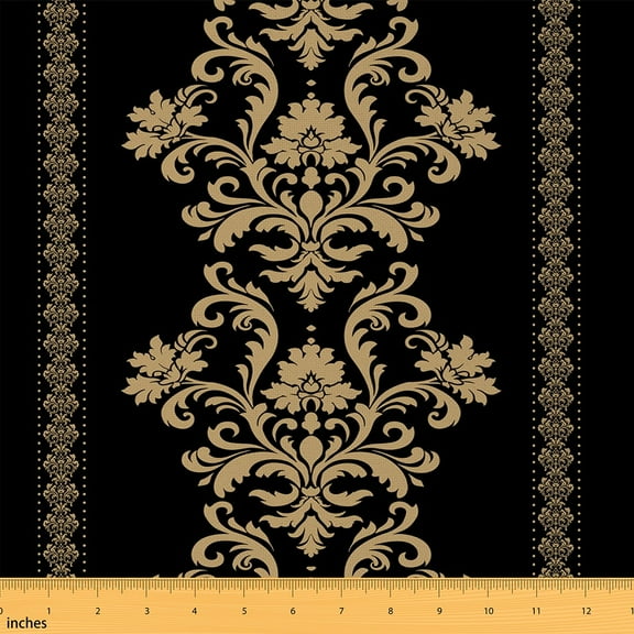 Manfei Victorian Baroque Damask Fabric by the Yard (3 Yards), Black and Gold Decorative Fabric by the Yard, Vintage Blossoms DIY Fabric