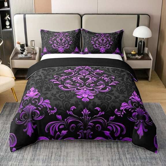 Manfei Victorian Damask 100% Cotton Comforter Cover Full, Vintage Baroque Floral Bedding Full Size, Black Purple Bedding Accessories, Breathable Bedroom Decor