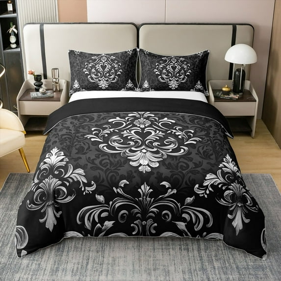 Manfei Victorian Damask 100% Cotton Duvet Cover Queen Size, Vintage Baroque Floral Comforter Cover, Black Gray Bed Cover, Breathable Bedroom Decor