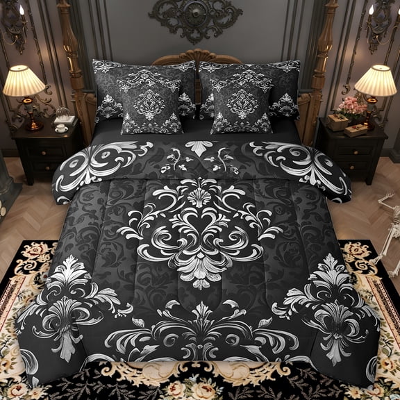 Manfei Victorian Damask 7-Piece Bedding Sets Twin Size, Vintage Baroque Floral Comforter Sets with Sheets, Black Gray Bedding Accessories, Breathable Bedroom Decor