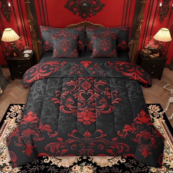 Manfei Victorian Damask 7-Piece Bedding Sets Twin Size, Vintage Baroque Floral Comforter Sets with Sheets, Black Red Bedding Accessories, Breathable Bedroom Decor