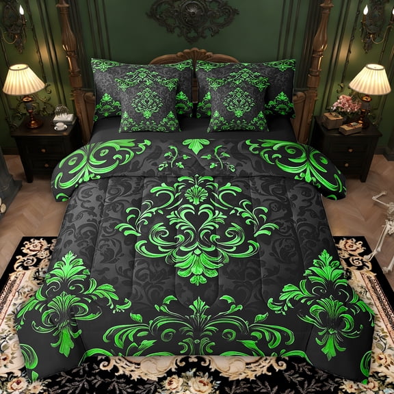 Manfei Victorian Damask 7 Pieces Bed in a Bag Full Size, Vintage Baroque Floral Bed Set, Black Green Bed Sheets Setp with Comforter, Breathable Bedroom Decor