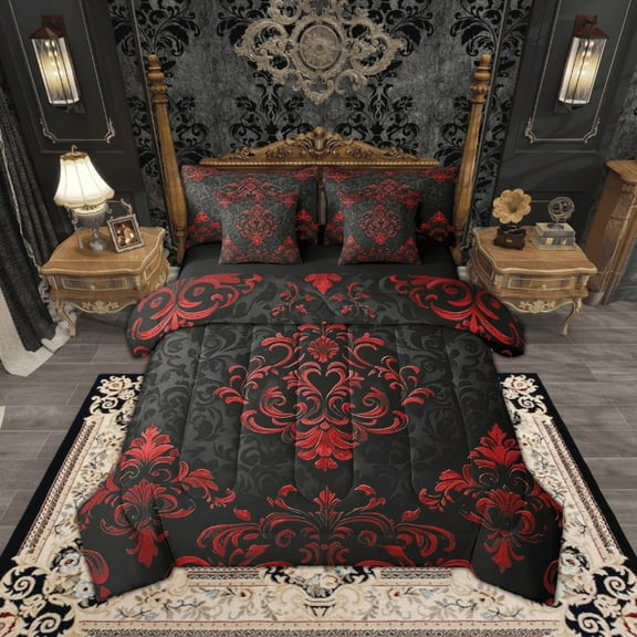 Manfei Victorian Damask 7 Pieces Bed in a Bag Full Size, Vintage Baroque Floral Bed Set, Black Red Bed Sheets Setp with Comforter, Breathable Bedroom Decor