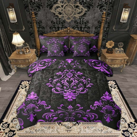 Manfei Victorian Damask 7pcs Bedding King Size, Vintage Baroque Floral Comforter Sets with Sheets, Black Purple Bed Set, Breathable Bedroom Decor