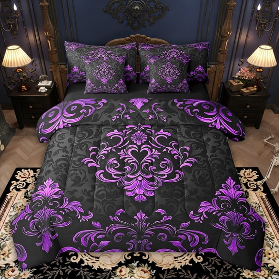 Manfei Victorian Damask 7pcs Bedding King Size, Vintage Baroque Floral Comforter Sets with Sheets, Black Purple Bed Set, Breathable Bedroom Decor