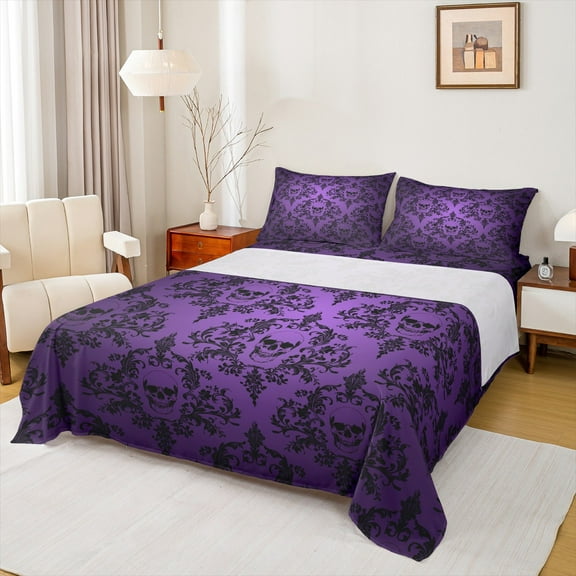 Manfei Victorian Damask Bed Sheets, Black Purple Bohemian King Sheets, Halloween Sugar Skull Sheet Set, Ultra Soft Home Decor4 Pieces