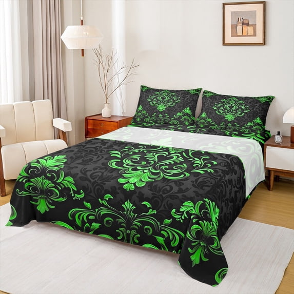Manfei Victorian Damask Bed Sheets Set King Size, Vintage Baroque Floral Bedding Sets King Size, Black Green Top Sheet, Breathable Bedroom Decor, 4-Piece