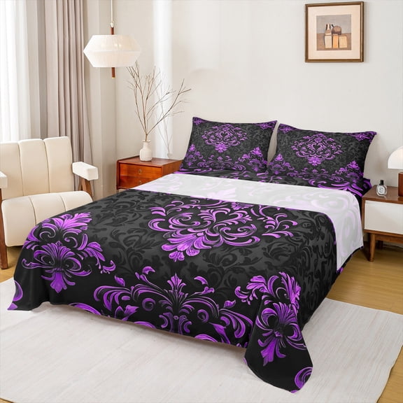 Manfei Victorian Damask Bed Sheets Set Queen Size, Vintage Baroque Floral Bedding Sets Queen Size, Black Purple Top Sheet, Breathable Bedroom Decor, 4-Piece
