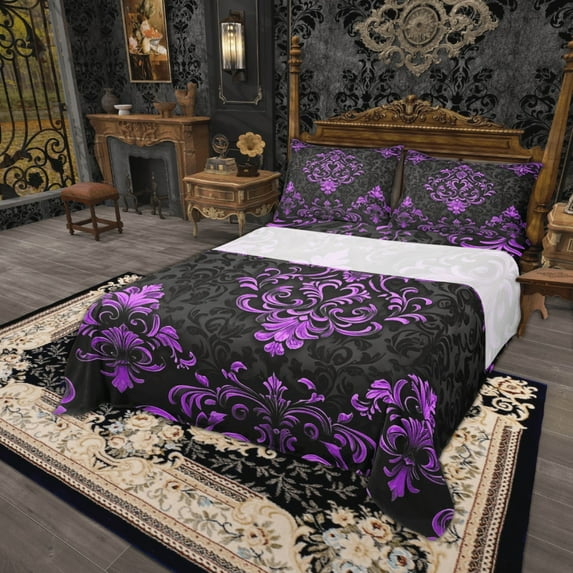 Manfei Victorian Damask Bed Sheets Twin, Vintage Baroque Floral Bedding Twin Size, Black Purple Bedroom Set, Breathable Bedroom Decor, Top Sheet + Fitted Sheet + Pillowcase