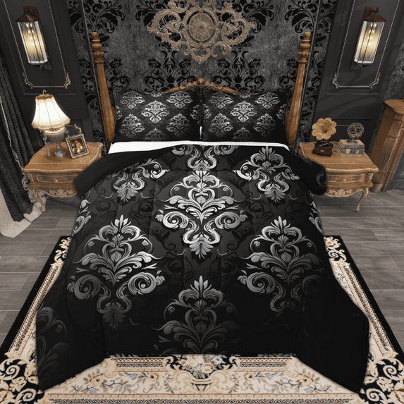 Manfei Victorian Damask Bedding Comforter Set, Baroque Gray Jaquard Twin Comforter Sets, Boho Gothic Blossom Bedding Set, Luxury Bedroom Decor Reversible 2-Piece