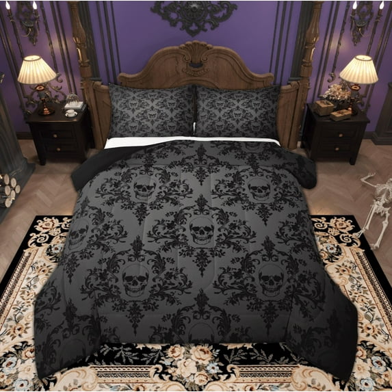 Manfei Victorian Damask Bedding Comforter Set, Black Gray Bohemian Twin Comforter Sets, Halloween Sugar Skull Bedding Set, Super Cozy Room Decor, 2pcs Reversible