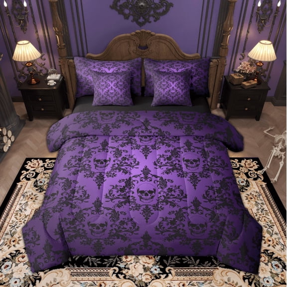Manfei Victorian Damask Bedding Comforter Set, Black Purple Bohemian King Bedding Sets, Halloween Sugar Skull Bed Sheets, Ultra Soft Home Decor Reversible 7 Pieces