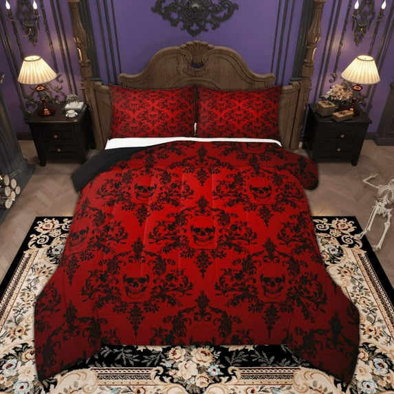 Manfei Victorian Damask Bedding Comforter Set, Black Red Bohemian Twin Comforter Sets, Halloween Sugar Skull Bedding Set, Lightweight Room Decor, 2pcs Reversible