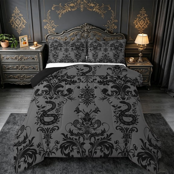 Manfei Victorian Damask Bedding Comforter Set,Black Snake Twin Comforter Sets,Vintage Gothic Floral Bedding Set For Men Women,,Lightweight Room Decorative Reversible,2pcs