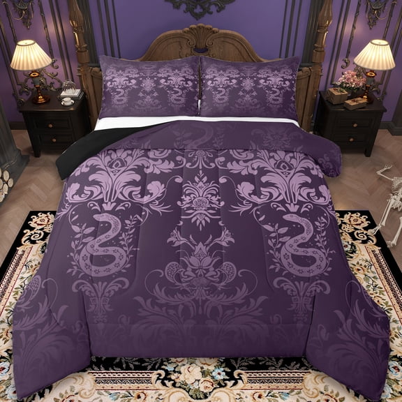 Manfei Victorian Damask Bedding Comforter Set,Wild Animal Snake Twin Comforter Sets,Vintage Gothic Floral Bedding Set For Men Women,,Lightweight Room Decorative Reversible,2pcs