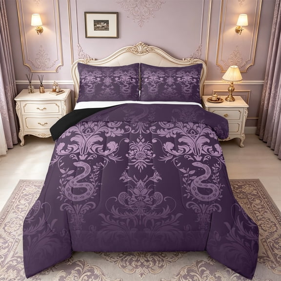 Manfei Victorian Damask Bedding Comforter Set,Wild Animal Snake Twin Comforter Sets,Vintage Gothic Floral Bedding Set For Men Women,,Lightweight Room Decorative Reversible,2pcs