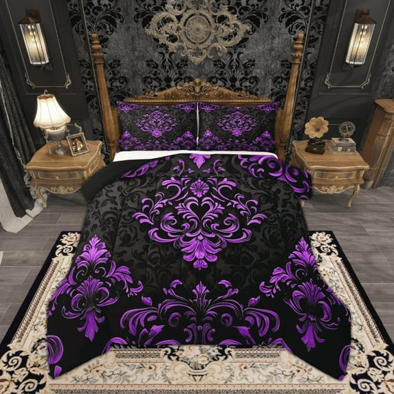 Manfei Victorian Damask Bedding Sets Full with Comforter, Vintage Baroque Floral Duvet Insert, Black Purple Comforter Sets Full Size, Breathable Bedroom Decor, 3pcs Reversible