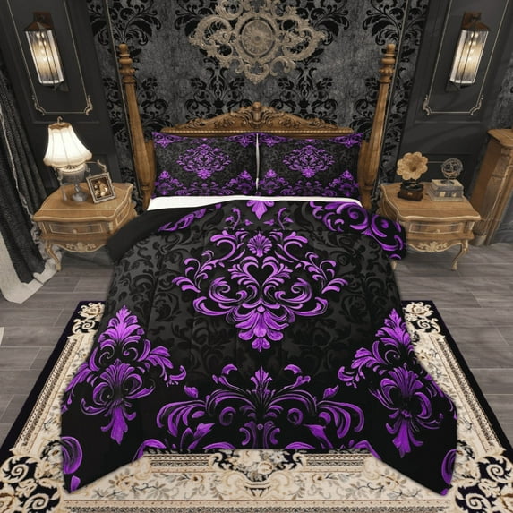 Manfei Victorian Damask Bedding Sets Queen with Comforter, Vintage Baroque Floral Duvet Insert, Black Purple Comforter Sets Queen Size, Breathable Bedroom Decor, 3pcs Reversible