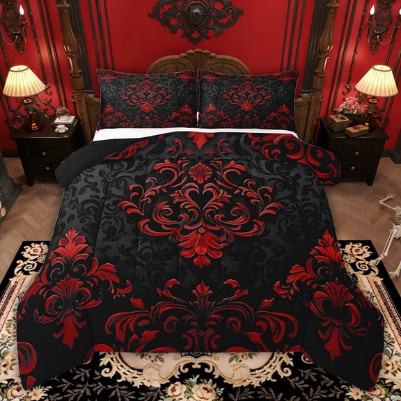 Manfei Victorian Damask Bedding Sets Queen with Comforter, Vintage Baroque Floral Duvet Insert, Black Red Comforter Sets Queen Size, Breathable Bedroom Decor, 3pcs Reversible