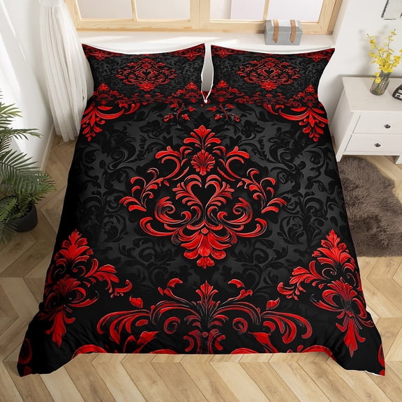 Manfei Victorian Damask Comforter Cover King, Vintage Baroque Floral Bedding King Size, Black Red Bed Set, Breathable Bedroom Decor, Zipper Closure and Reversible 3-Piece