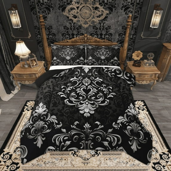 Manfei Victorian Damask Comforter Sets King Size, Vintage Baroque Floral Comforters & Duvets, Black Gray Bedding King Comforter Set, Breathable Bedroom Decor, 3-Piece Reversible