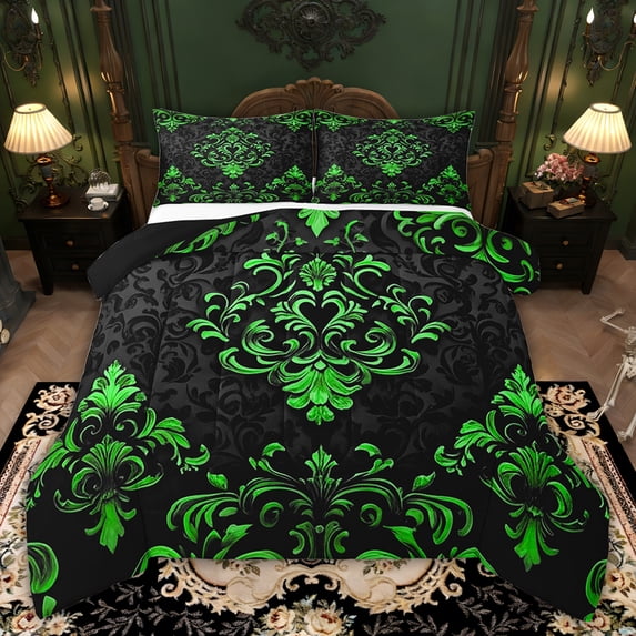 Manfei Victorian Damask Comforter Sets King Size, Vintage Baroque Floral Comforters & Duvets, Black Green Bedding King Comforter Set, Breathable Bedroom Decor, 3-Piece Reversible