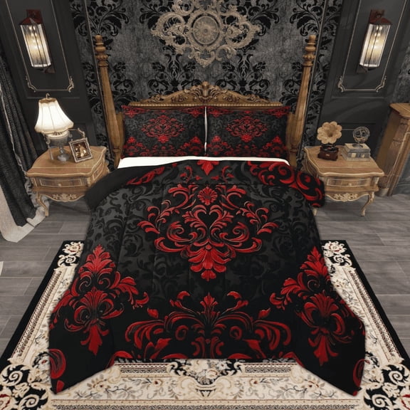Manfei Victorian Damask Comforter Sets King Size, Vintage Baroque Floral Comforters & Duvets, Black Red Bedding King Comforter Set, Breathable Bedroom Decor, 3-Piece Reversible