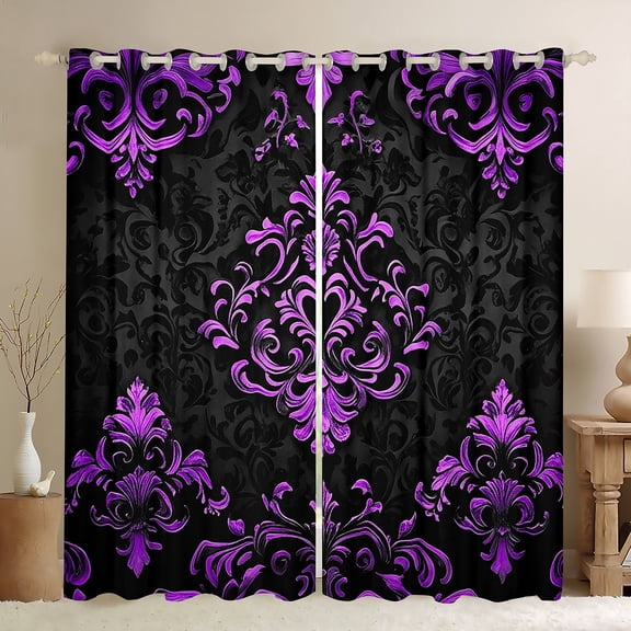 Manfei Victorian Damask Curtains Pack of 2 (42x63), Vintage Baroque Floral Black Out Curtains, Black Purple Window Curtains, Stylish Bedroom Decor